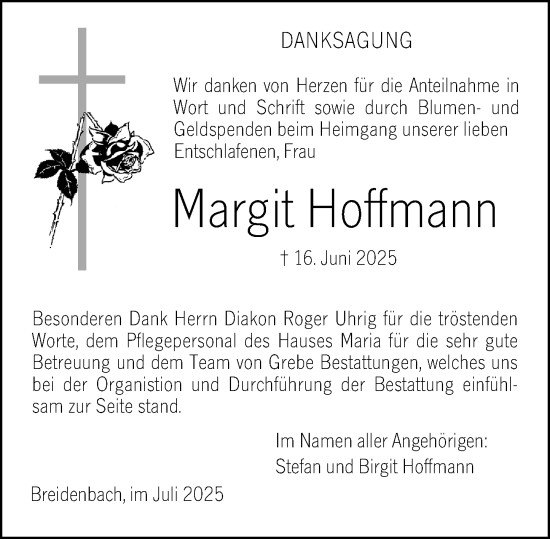 Traueranzeige von Margit Hoffmann von Hinterländer Anzeiger