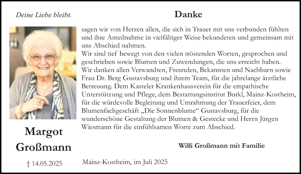  Traueranzeige für Margot Großmann vom 26.07.2025 aus Allgemeine Zeitung Mainz
