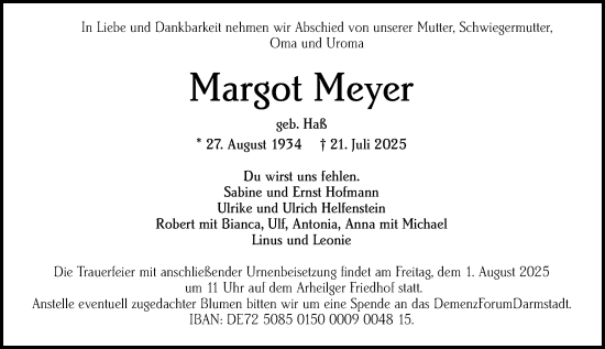 Traueranzeige von Margot Meyer von Darmstädter Echo