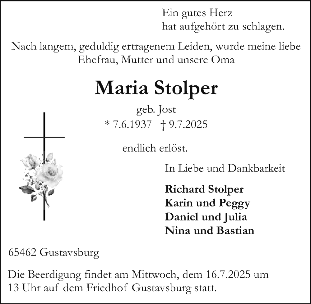  Traueranzeige für Maria Stolper vom 12.07.2025 aus Allgemeine Zeitung Mainz
