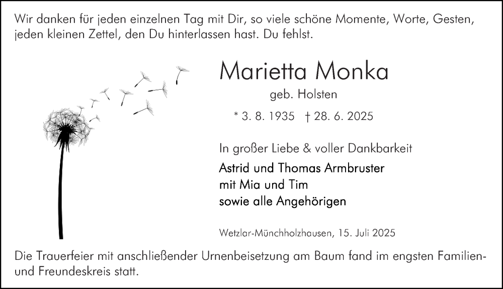  Traueranzeige für Marietta Monka vom 15.07.2025 aus Wetzlarer Neue Zeitung