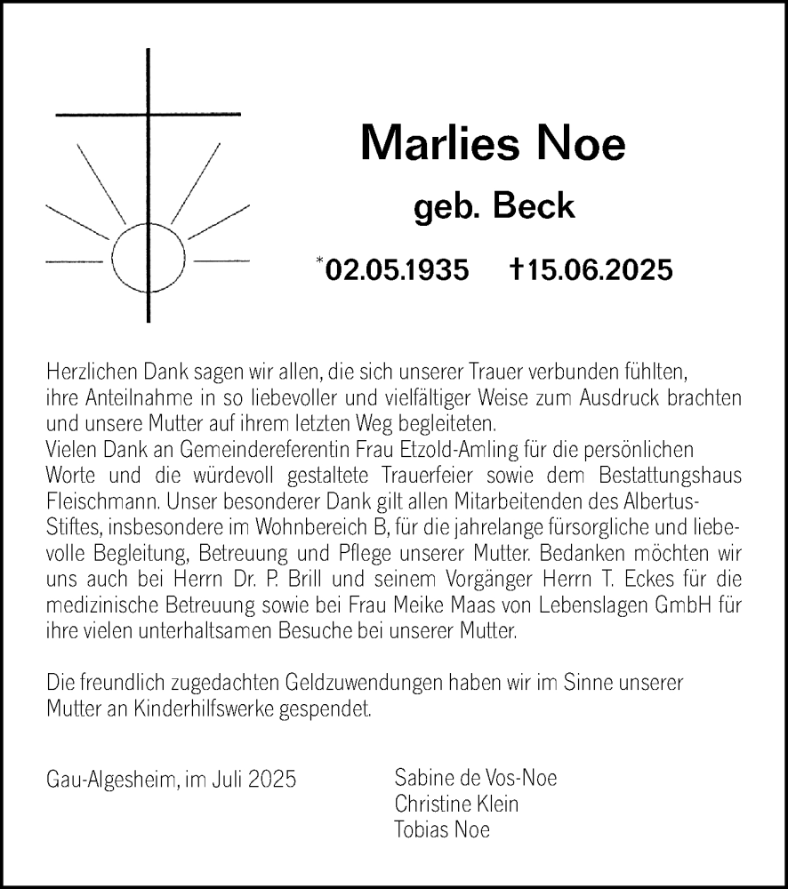  Traueranzeige für Marlies Noe vom 19.07.2025 aus Allgemeine Zeitung Rheinhessen-Nahe
