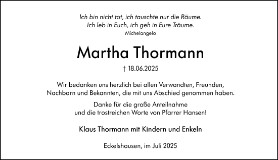 Traueranzeige von Martha Thormann von Hinterländer Anzeiger