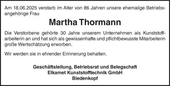 Traueranzeige von Martha Thormann von Hinterländer Anzeiger