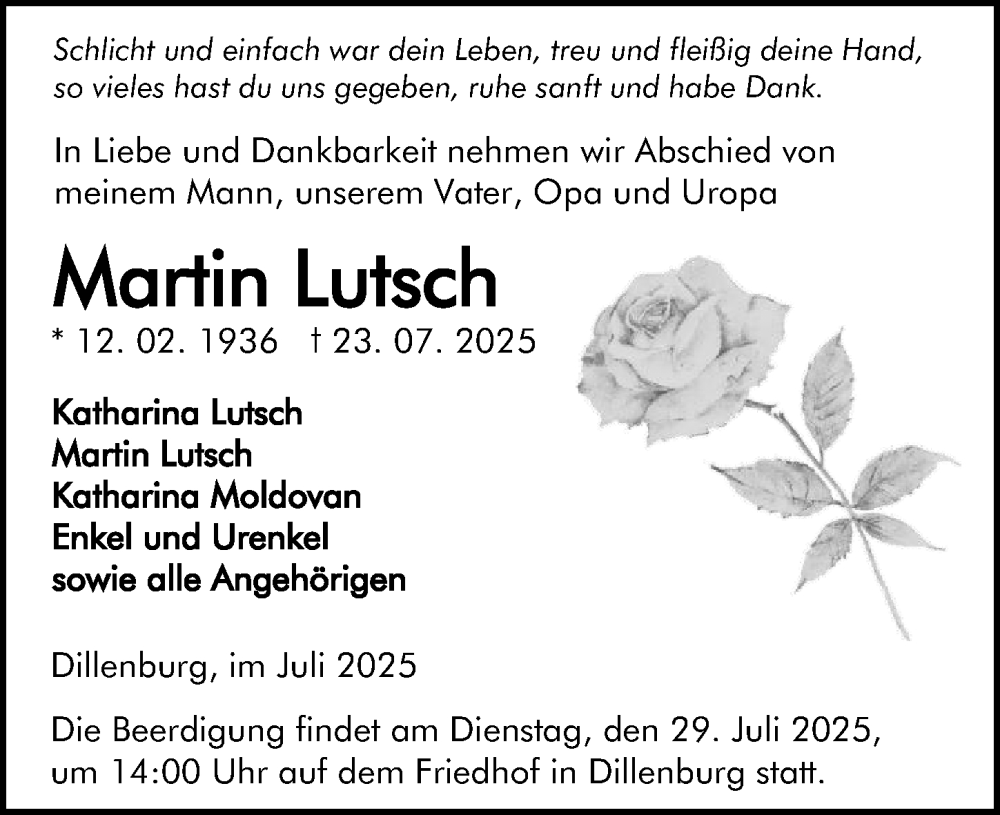  Traueranzeige für Martin Lutsch vom 26.07.2025 aus Dill Block