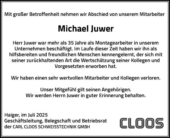 Traueranzeige von Michael Juwer von Dill Block