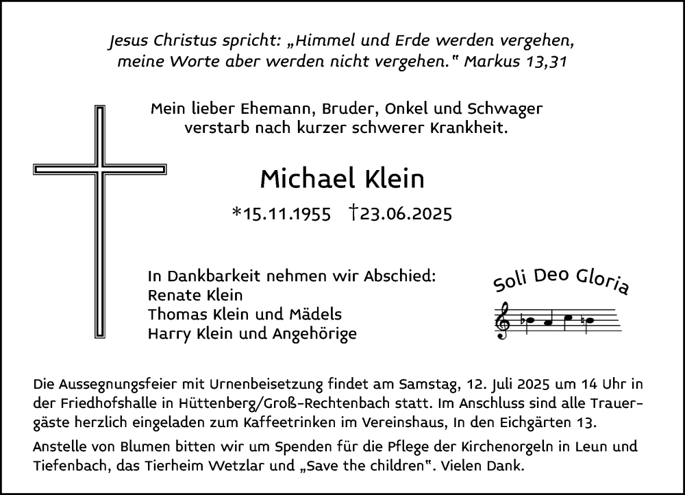  Traueranzeige für Michael Klein vom 05.07.2025 aus Wetzlarer Neue Zeitung