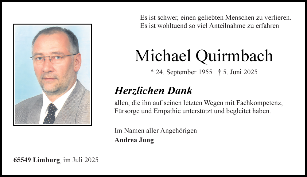  Traueranzeige für Michael Quirmbach vom 19.07.2025 aus Nassauische Neue Presse