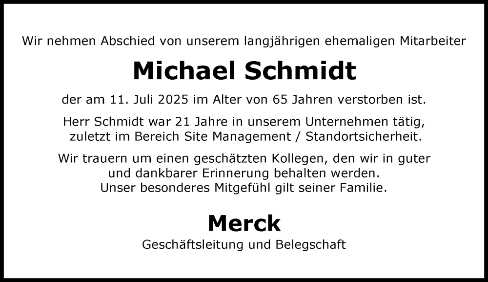  Traueranzeige für Michael Schmidt vom 26.07.2025 aus Darmstädter Echo