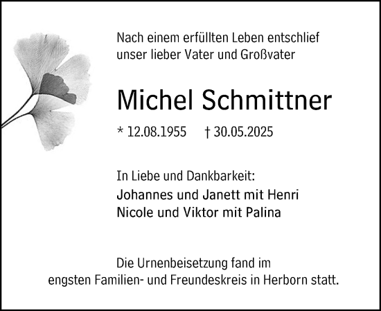 Traueranzeige von Michel Schmittner von Dill Block
