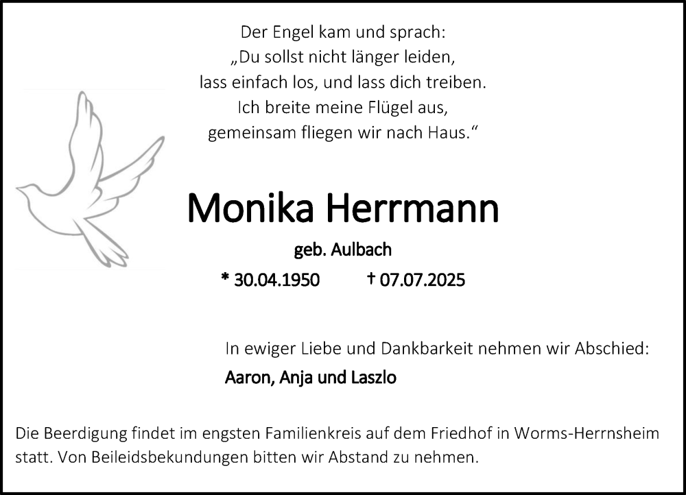  Traueranzeige für Monika Herrmann vom 12.07.2025 aus Allgemeine Zeitung Alzey