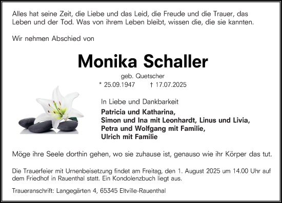 Traueranzeige von Monika Schaller von Wiesbadener Kurier