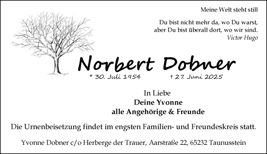 Traueranzeige von Norbert Dobner von Wiesbadener Kurier