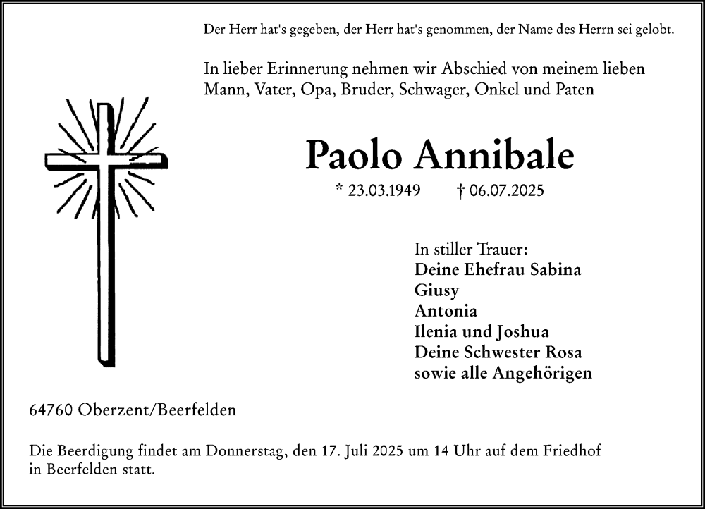  Traueranzeige für Paolo Annibale vom 12.07.2025 aus Odenwälder Echo