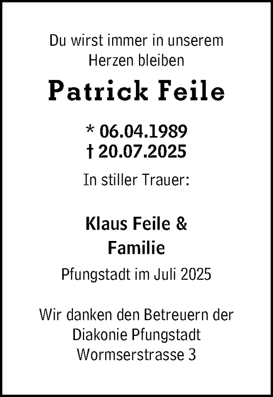 Traueranzeige von Patrick Feile von Odenwälder Echo