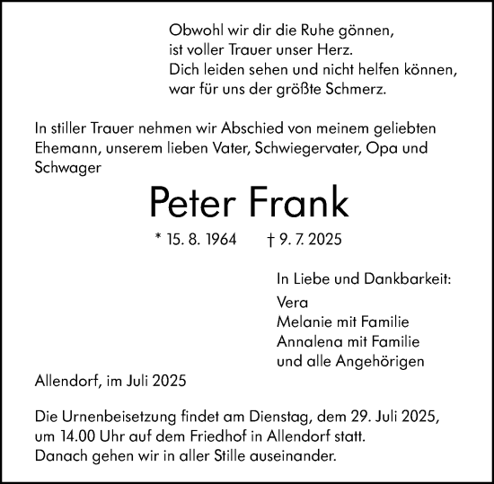 Traueranzeige von Peter Frank von Weilburger Tageblatt