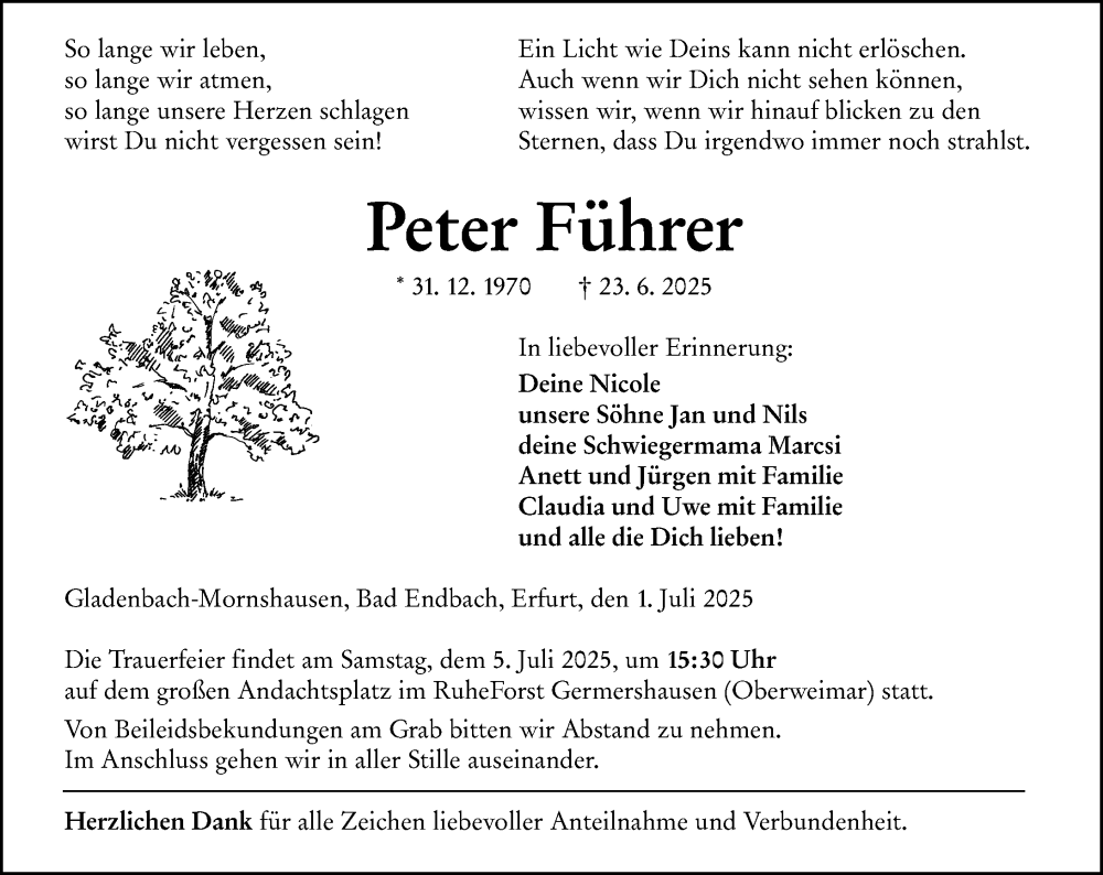  Traueranzeige für Peter Führer vom 01.07.2025 aus Hinterländer Anzeiger