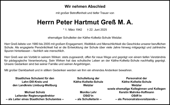 Traueranzeige von Peter Hartmut Greß von Wetzlarer Neue Zeitung