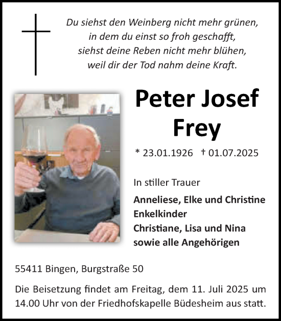 Traueranzeige von Peter Josef Frey von Allgemeine Zeitung Rheinhessen-Nahe