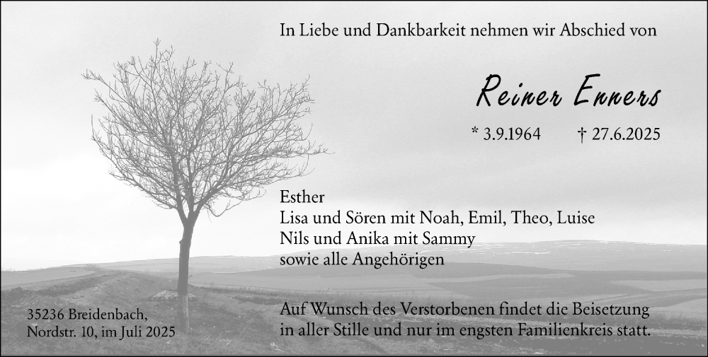  Traueranzeige für Reiner Enners vom 02.07.2025 aus Hinterländer Anzeiger