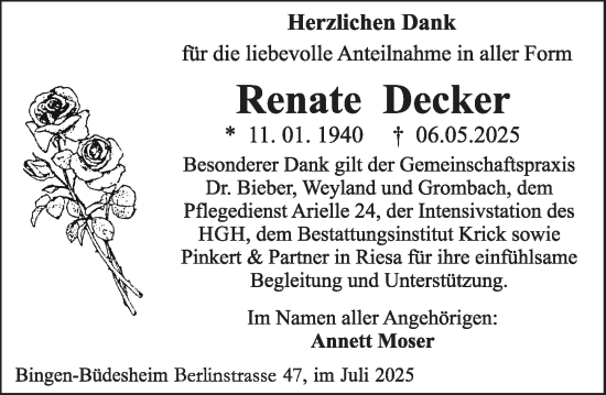 Traueranzeige von Renate Decker von Binger-/Ingelheimer Wochenblatt
