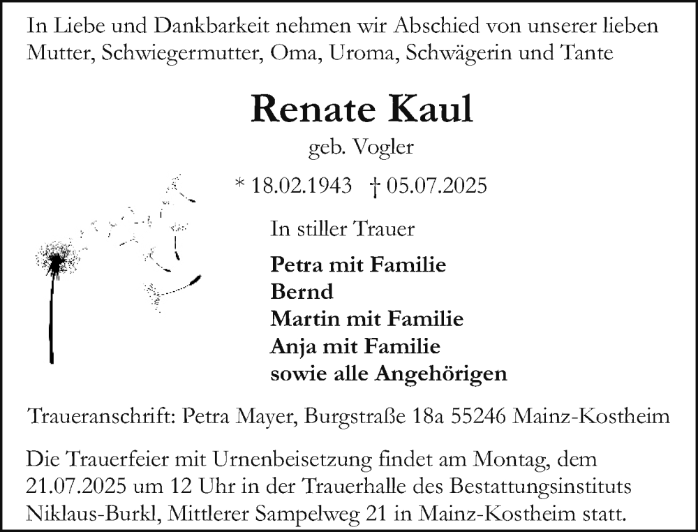 Traueranzeige für Renate Kaul vom 19.07.2025 aus Allgemeine Zeitung Mainz