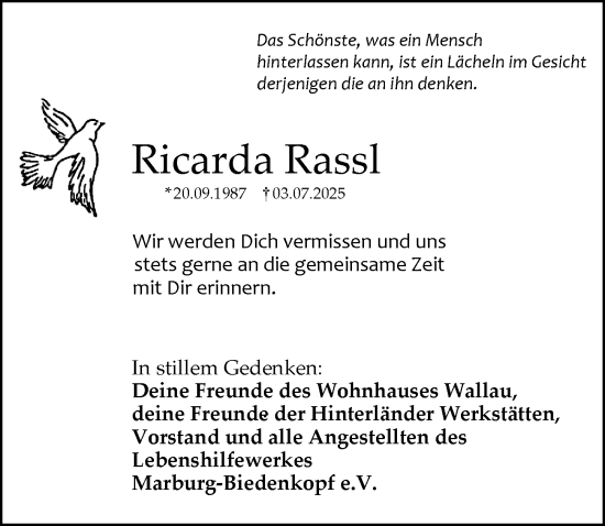 Traueranzeige von Ricarda Rassl von Hinterländer Anzeiger