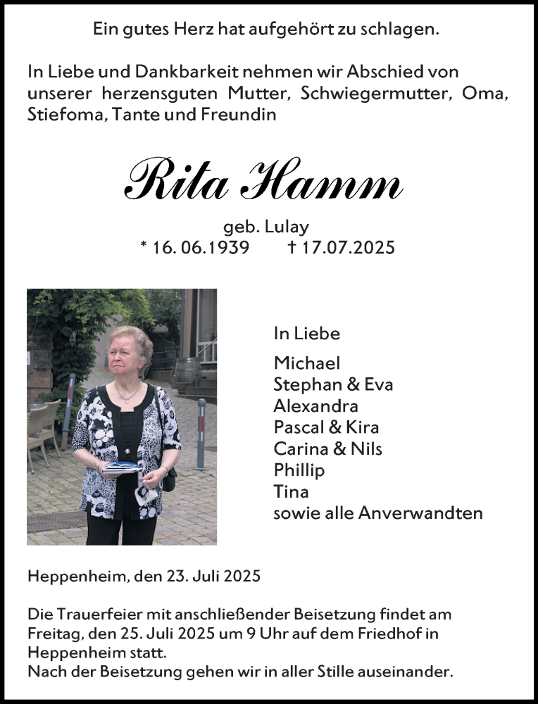  Traueranzeige für Rita Hamm vom 23.07.2025 aus Starkenburger Echo