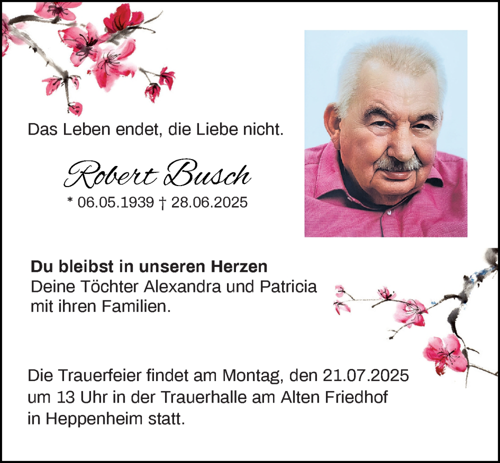  Traueranzeige für Robert Busch vom 12.07.2025 aus Starkenburger Echo