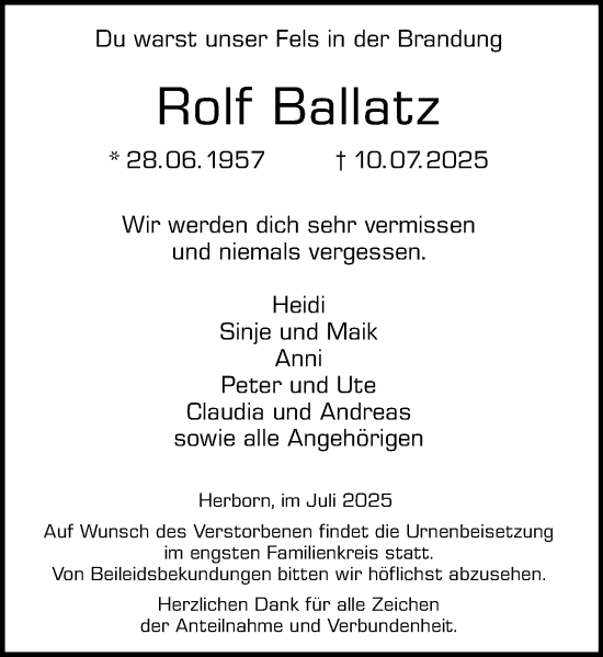 Traueranzeige von Rolf Ballatz von Dill Block