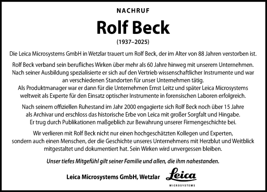 Traueranzeige von Rolf Beck von Wetzlarer Neue Zeitung