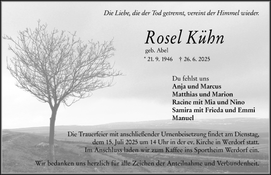 Traueranzeige von Rosel Kühn von Wetzlarer Neue Zeitung