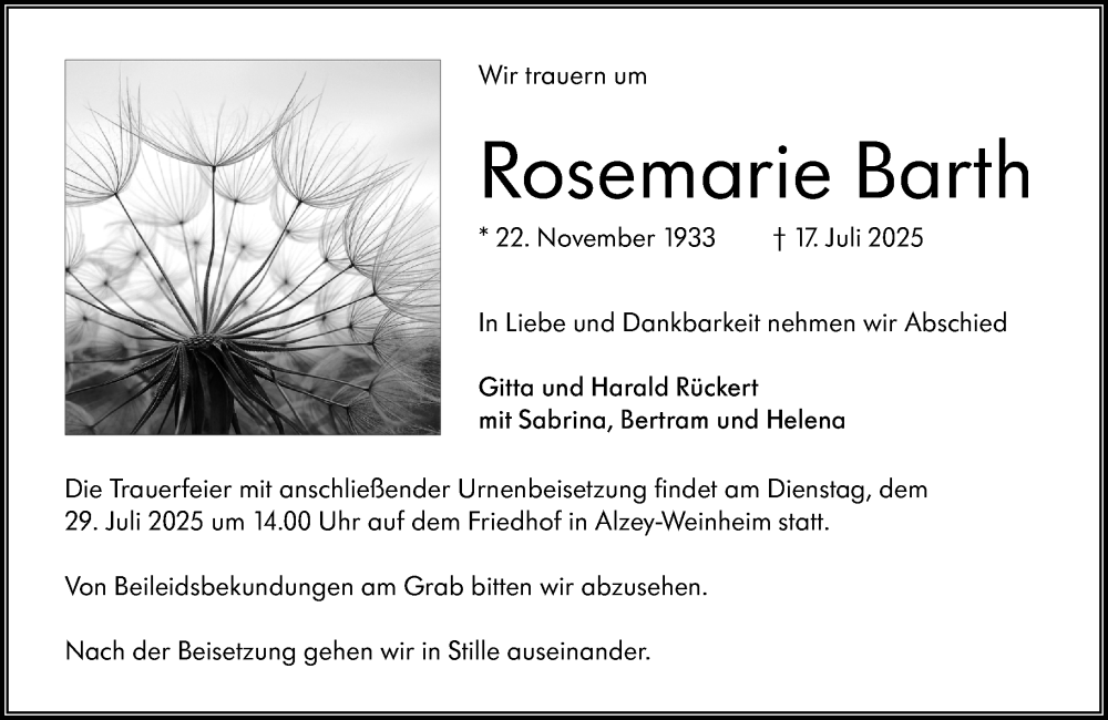  Traueranzeige für Rosemarie Barth vom 26.07.2025 aus Allgemeine Zeitung Alzey