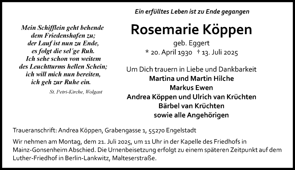 Traueranzeige für Rosemarie Köppen vom 19.07.2025 aus Allgemeine Zeitung Mainz