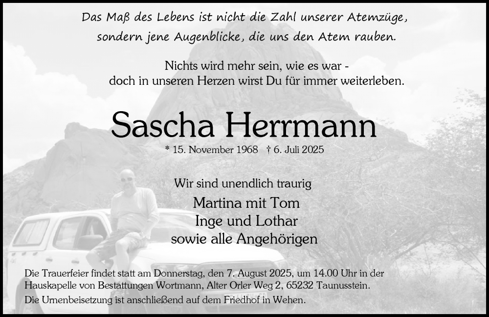  Traueranzeige für Sascha Herrmann vom 19.07.2025 aus Wiesbadener Kurier