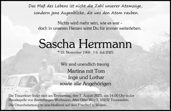 Traueranzeige von Sascha Herrmann von Wiesbadener Kurier