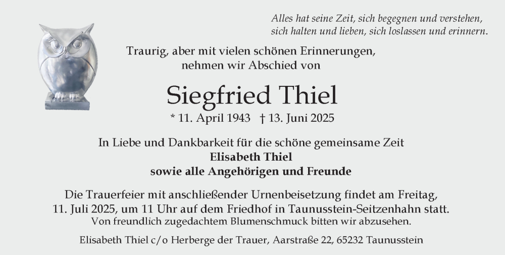  Traueranzeige für Siegfried Thiel vom 05.07.2025 aus Wiesbadener Kurier