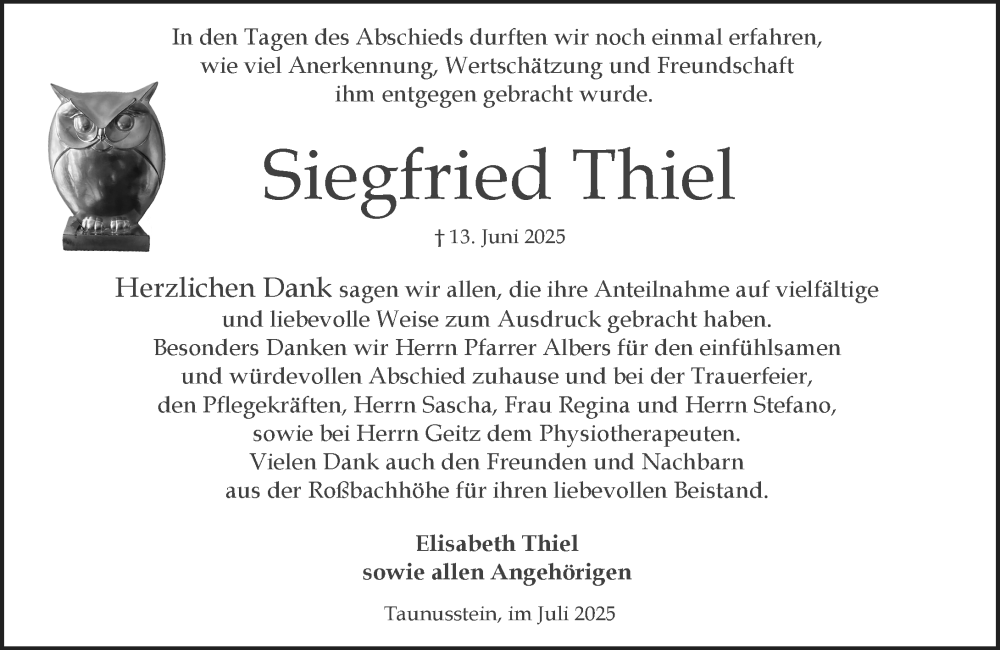  Traueranzeige für Siegfried Thiel vom 26.07.2025 aus Wiesbadener Kurier