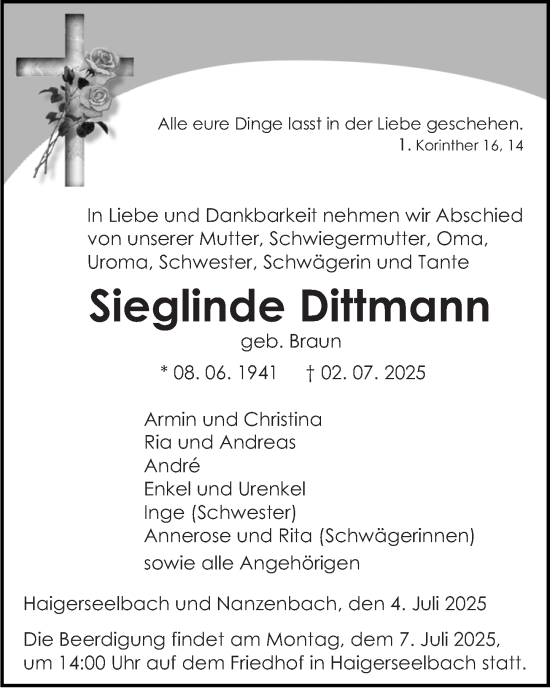 Traueranzeige von Sieglinde Dittmann von Dill Block