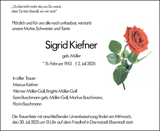 Traueranzeige von Sigrid Kiefner von Darmstädter Echo