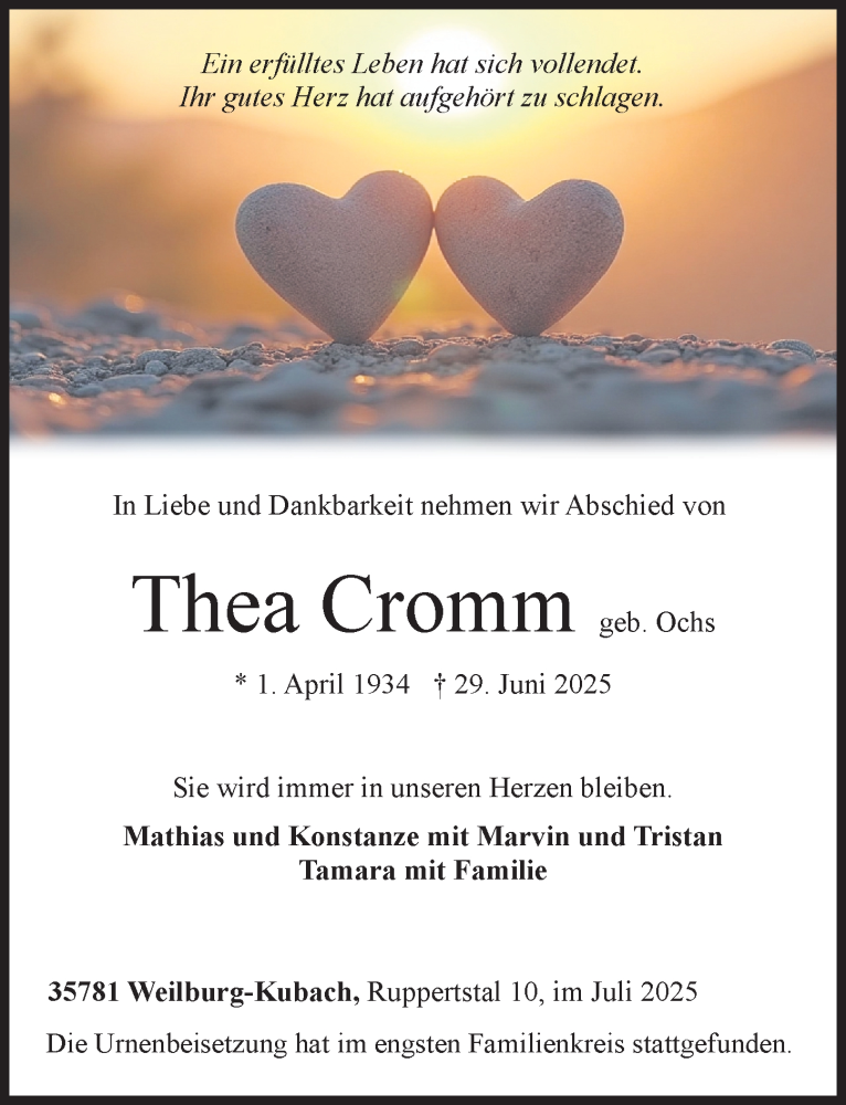 Traueranzeige für Thea Cromm vom 12.07.2025 aus Weilburger Tageblatt