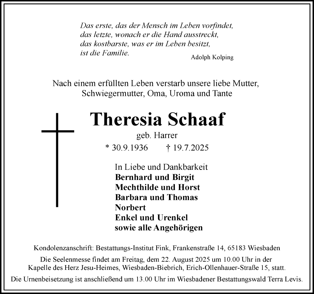  Traueranzeige für Theresia Schaaf vom 26.07.2025 aus Wiesbadener Kurier