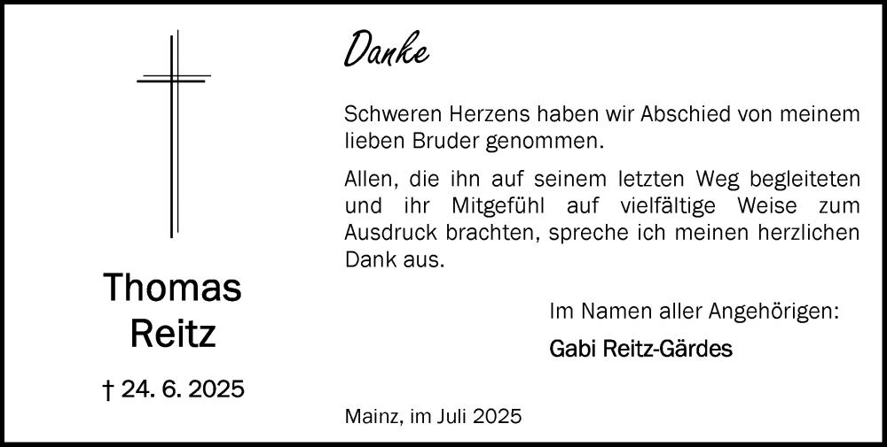  Traueranzeige für Thomas Reitz vom 19.07.2025 aus Allgemeine Zeitung Mainz