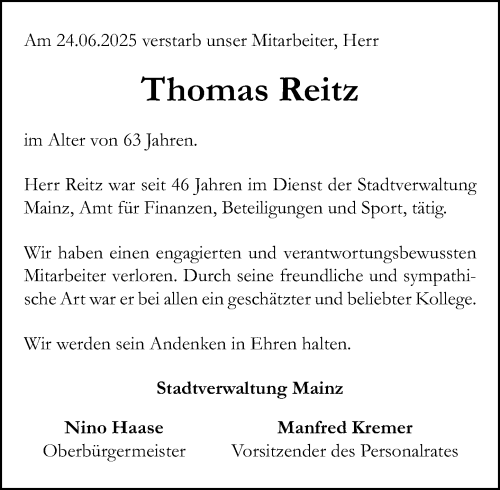 Traueranzeige für Thomas Reitz vom 12.07.2025 aus Allgemeine Zeitung Mainz