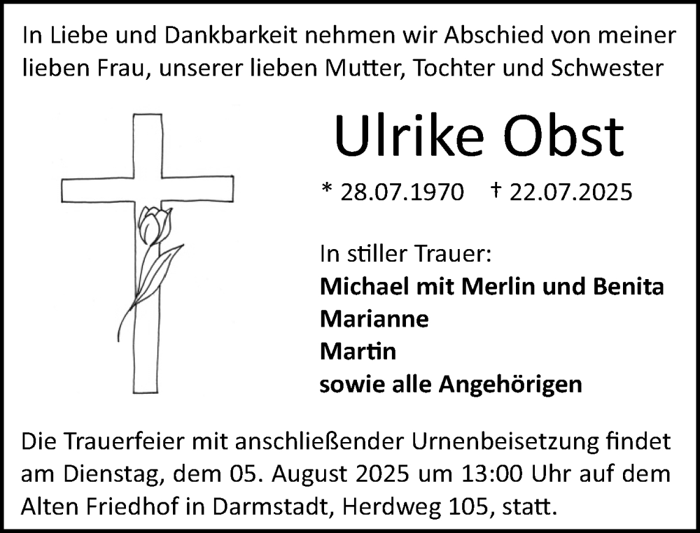  Traueranzeige für Ulrike Obst vom 26.07.2025 aus Darmstädter Echo