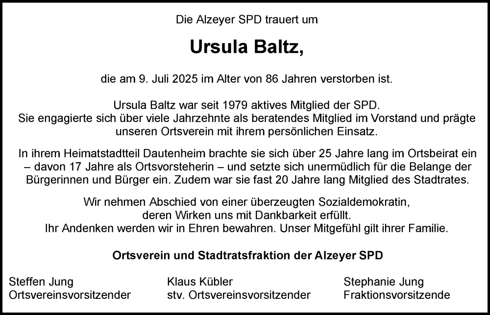  Traueranzeige für Ursula Baltz vom 19.07.2025 aus Allgemeine Zeitung Alzey