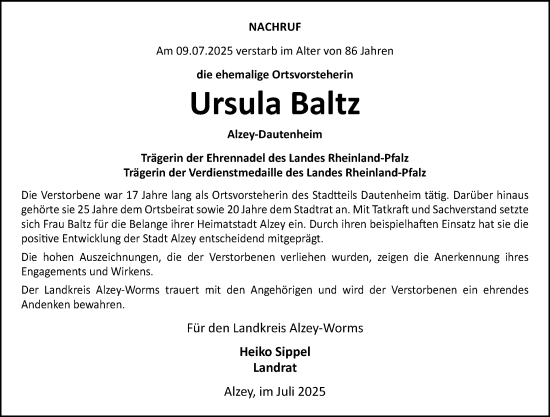 Traueranzeige von Ursula Baltz von Allgemeine Zeitung Alzey