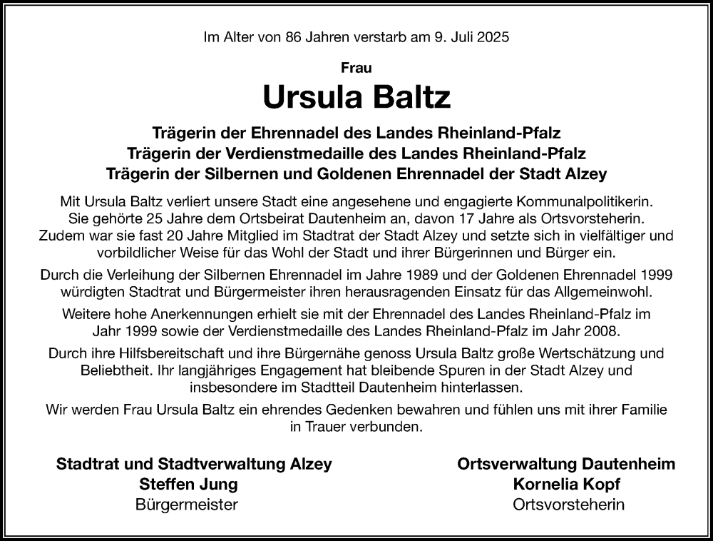  Traueranzeige für Ursula Baltz vom 19.07.2025 aus Allgemeine Zeitung Alzey