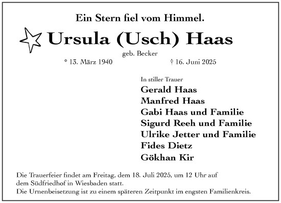 Traueranzeige von Ursula Haas von Wiesbadener Kurier