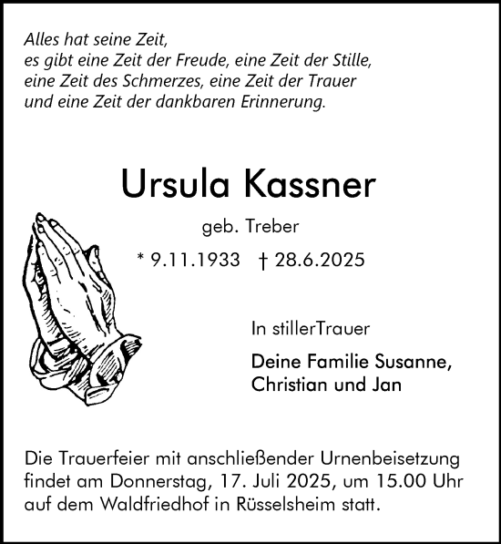 Traueranzeige von Ursula Kassner von Rüsselsheimer Echo